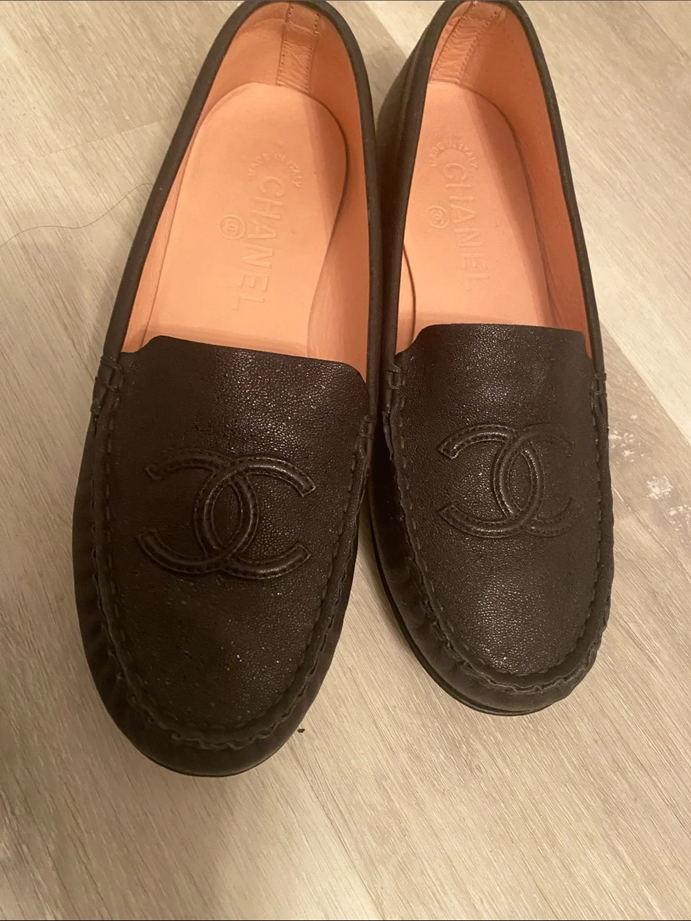 CHANEL Black Leather CC Logo Driving Loafers size 6.5